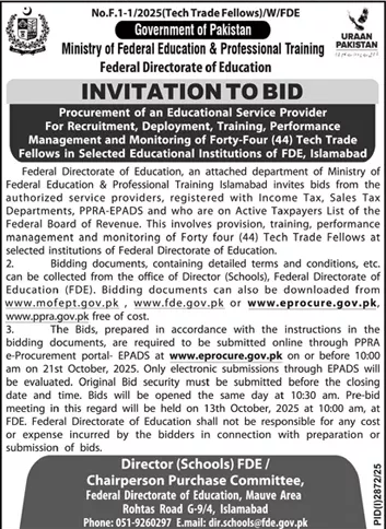 Ministry of Federal Education & Professional Training Islamabad Tender Notice